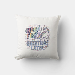 Unicorn Horn First Questions Later Adorable Sticke Throw Pillow