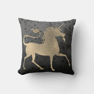 Unicorn Horse Princess Black Gold Starry Night Throw Pillow