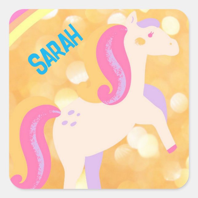 Unicorn horse with name glitter square sticker (Front)
