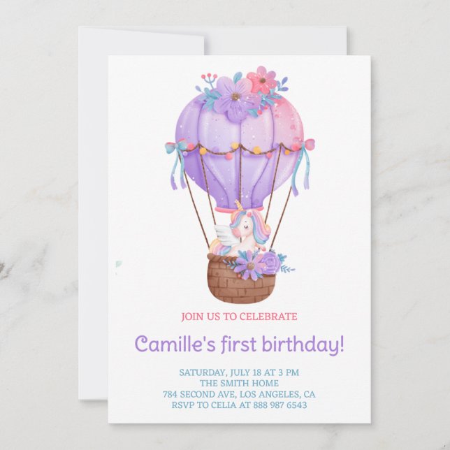  Unicorn hot air balloon birthday Invitation (Front)