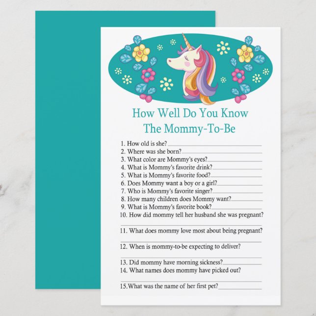 Unicorn How well do you know baby shower game (Front/Back)