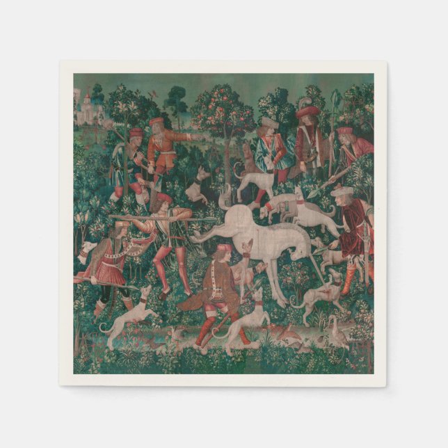 Unicorn Hunt Medieval Art - Unicorn Defends Himsel Napkin (Front)