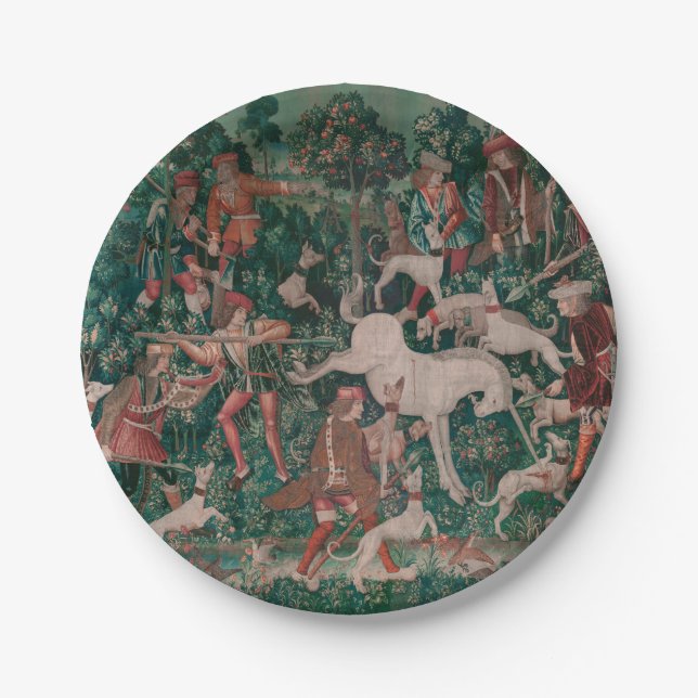 Unicorn Hunt Medieval Art - Unicorn Defends Himsel Paper Plate (Front)