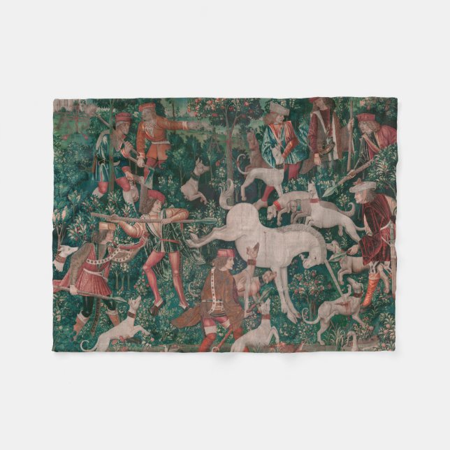 Unicorn Hunt Medieval Art, Unicorn Defends Himself Fleece Blanket (Front (Horizontal))