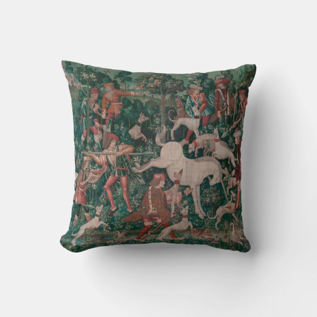 Unicorn Hunt Medieval Art, Unicorn Defends Himself Throw Pillow (Front)