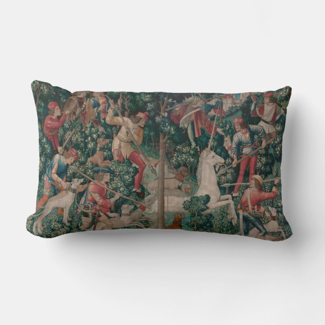 Unicorn Hunt Medieval Art - Unicorn Is Attacked Lumbar Pillow (Front)