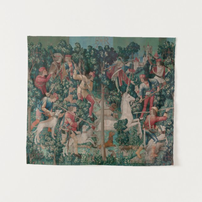 Unicorn Hunt Medieval Art - Unicorn Is Attacked Tapestry (Front (Horizontal))