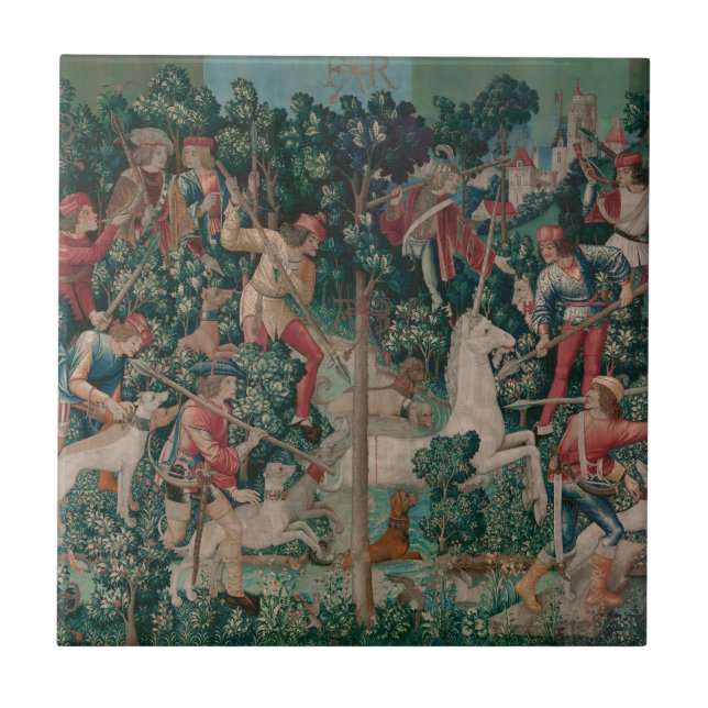 Unicorn Hunt Medieval Art - Unicorn Is Attacked Tile (Front)