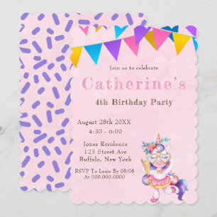 Unicorn Ice Cream Cone Invitations de fête d'anniv