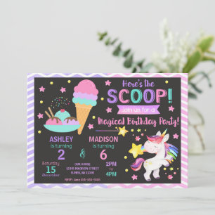 Unicorn & Ice Cream Joint Birthday   Sweet Party Invitation