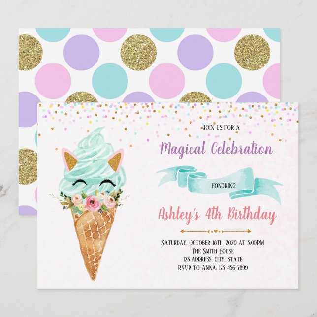 Unicorn ice cream party invitation (Front/Back)