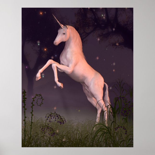 Unicorn in a Moonlit Forest Glade Poster (Front)