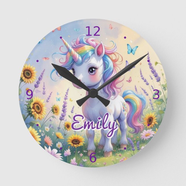 Unicorn in Flower Garden Personalized Wall Clock (Front)