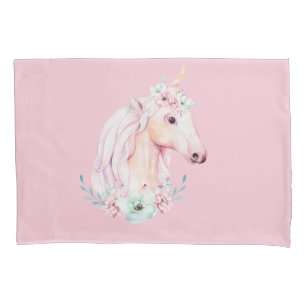 Unicorn In Flowers Whimsical Watercolor Pink Pillowcase