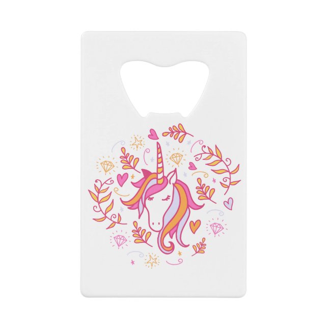 Unicorn in Pink and Orange Credit Card Bottle Opener (Front)
