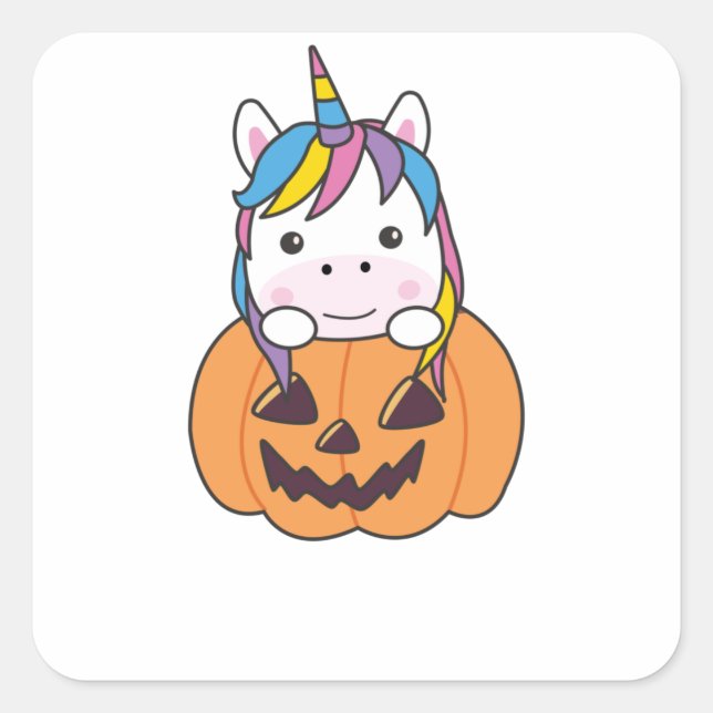 Unicorn In Pumpkin Cute Unicorns Happy Halloween Square Sticker (Front)