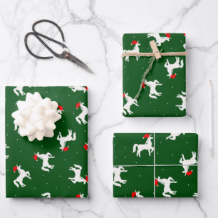 Unicorn in Santa Hat Dark Green Wrapping Paper
