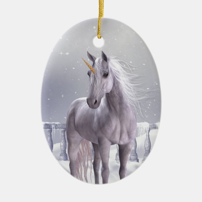 Unicorn in the Snow Ceramic Ornament (Front)