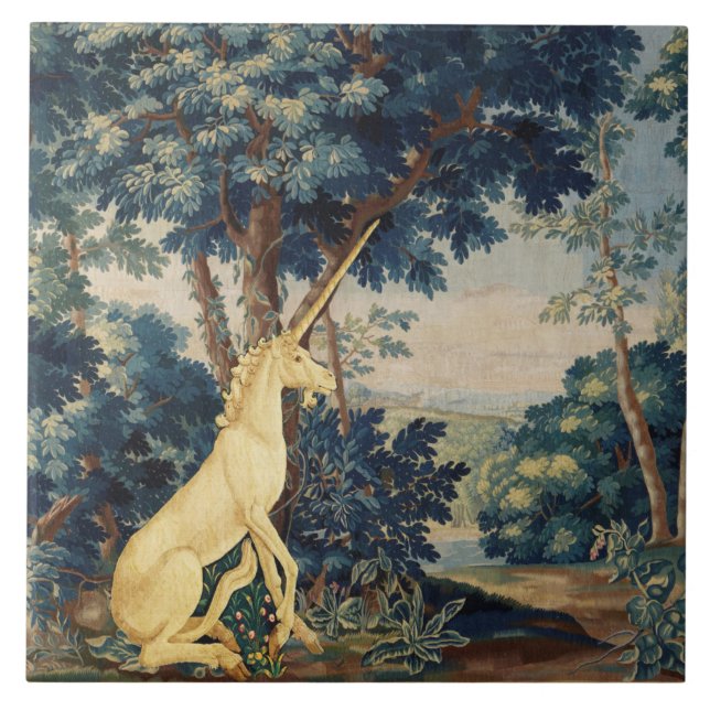 UNICORN IN WOODLAND LANDSCAPE,TREES,GREENERY TILE (Front)
