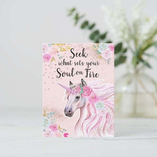 Unicorn Inspirational Pink Gold Glitter Quote  Postcard (Standing Front)