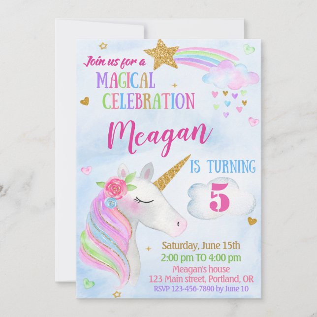 Unicorn invitation anniversaire Magique unicorn fê (Devant)