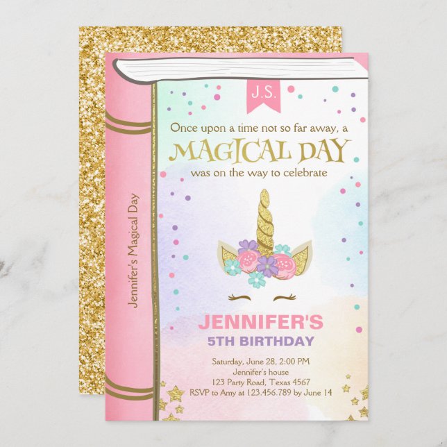 Unicorn Invitation Anniversaire Pink Gold Magazine (Devant / Derrière)