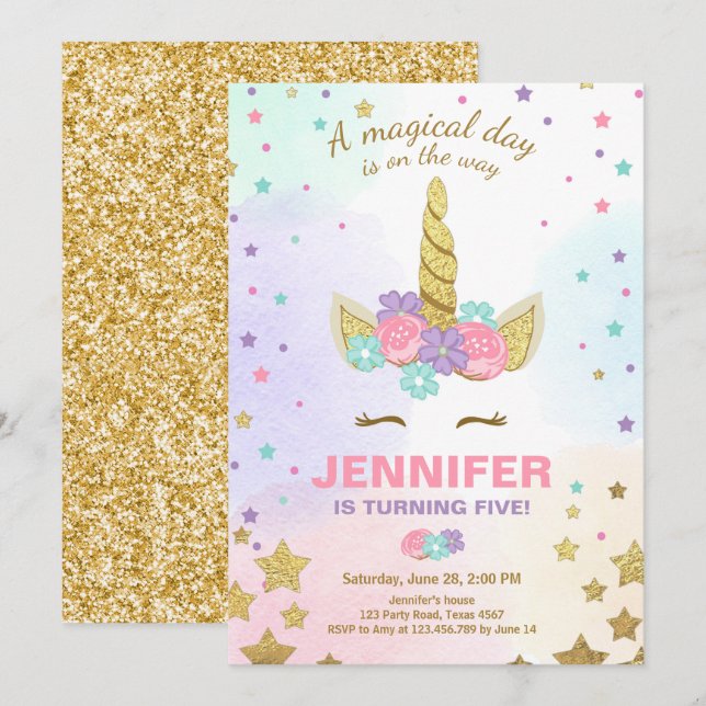 Unicorn Invitation Anniversaire Pink Gold Magie (Devant / Derrière)