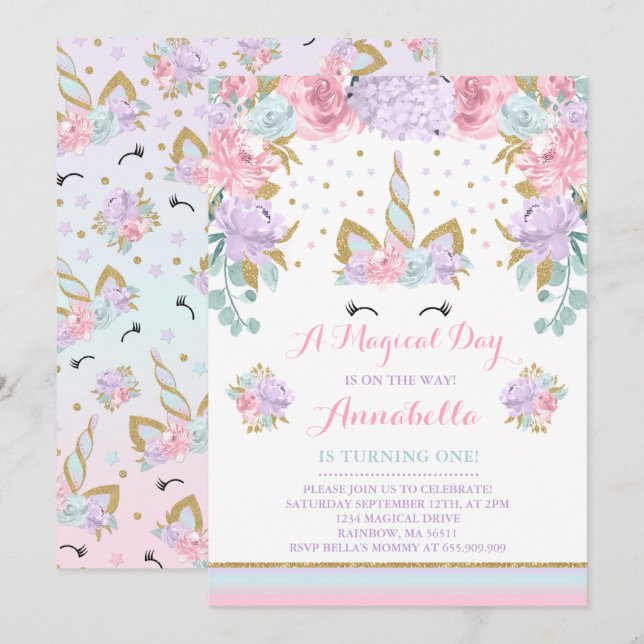 Unicorn Invitation Anniversaire Pink Gold Unicorn (Devant / Derrière)