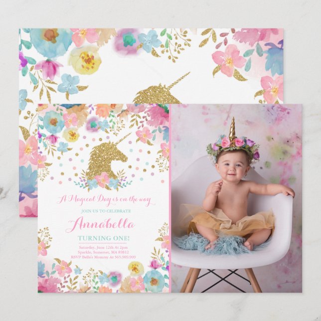 Unicorn Invitation Anniversaire Pink Gold Unicorn (Devant / Derrière)