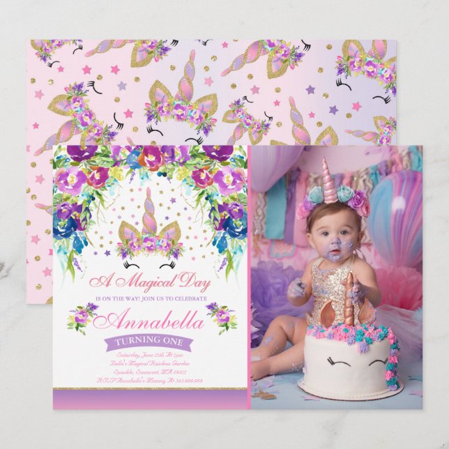 Unicorn Invitation Anniversaire Pink Gold Unicorn (Devant / Derrière)