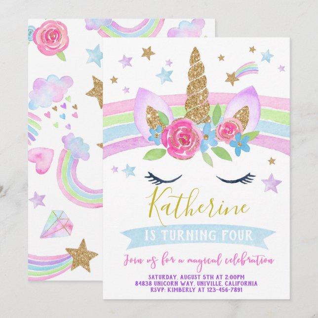 Unicorn invitation fête d'anniversaire rainbow uni (Devant / Derrière)