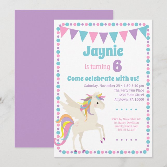 Unicorn Invitation Girls Unicorn Birthday Party (Front/Back)