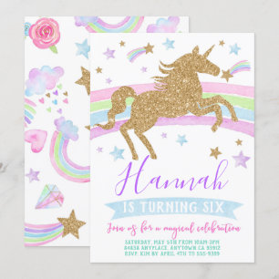 Unicorn invitation gold rainbow birthday party
