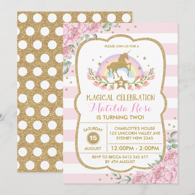 Unicorn Invitation Rainbow Pink Gold Floral Invite (Front/Back)