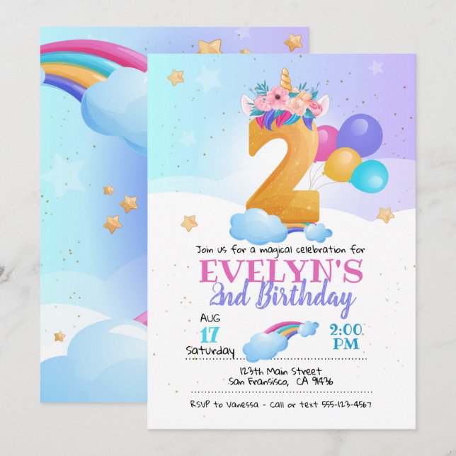 Unicorn invitation, Unicorn 2nd Birthday Invitation (Front/Back)