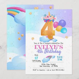 Unicorn invitation, Unicorn 4th Birthday Invitation