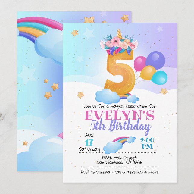 Unicorn invitation, Unicorn 5th Birthday Invitation (Front/Back)