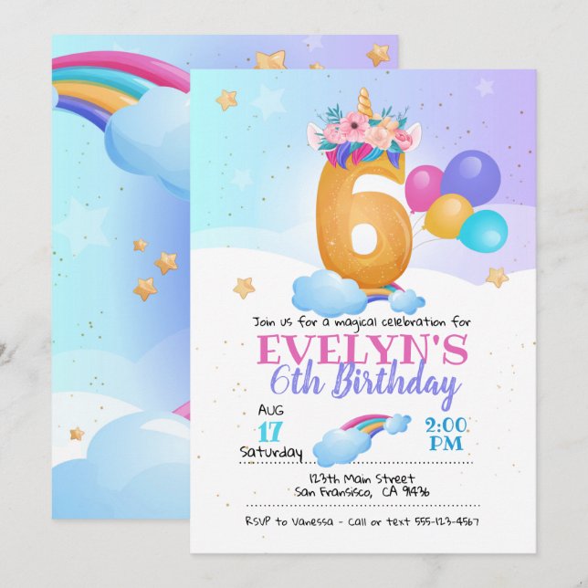 Unicorn invitation, Unicorn 6th Birthday Invitation (Front/Back)