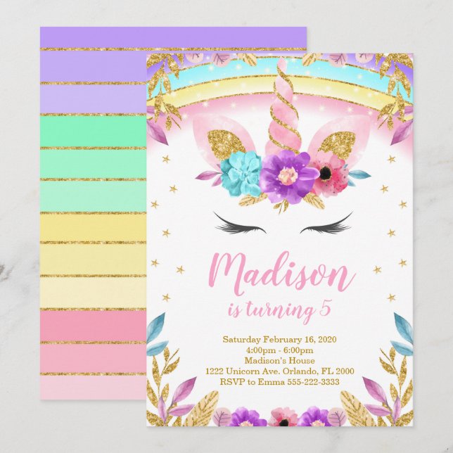 Unicorn Invite, Unicorn Invites, Unicorn Birthday Invitation (Front/Back)