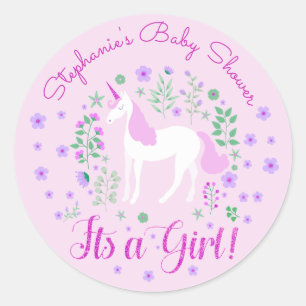 Unicorn Its A Girl Pink Baby Shower Personalized Classic Round Sticker