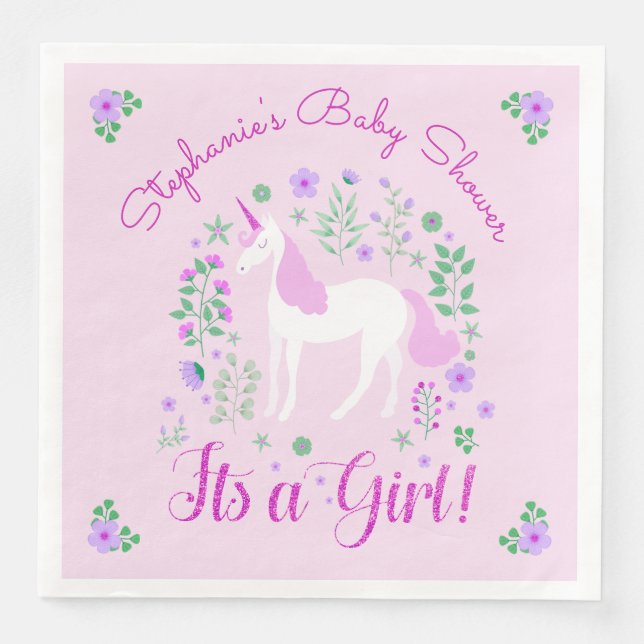 Unicorn Its A Girl Pink Baby Shower Personalized Napkin (Front)