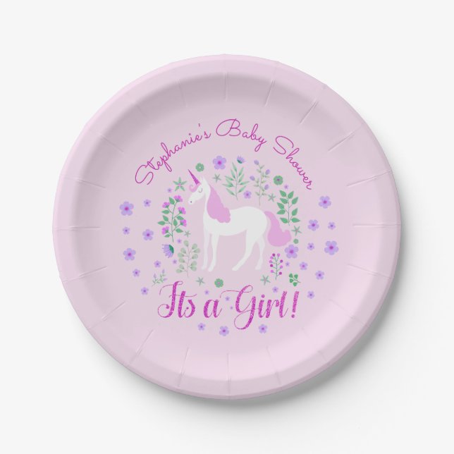 Unicorn Its A Girl Pink Baby Shower Personalized Paper Plate (Front)