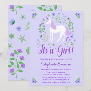 Unicorn Its A Girl Purple Baby Shower Invitation