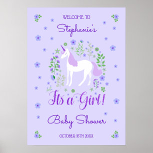 Unicorn Its A Girl Purple Baby Shower Personalized Poster