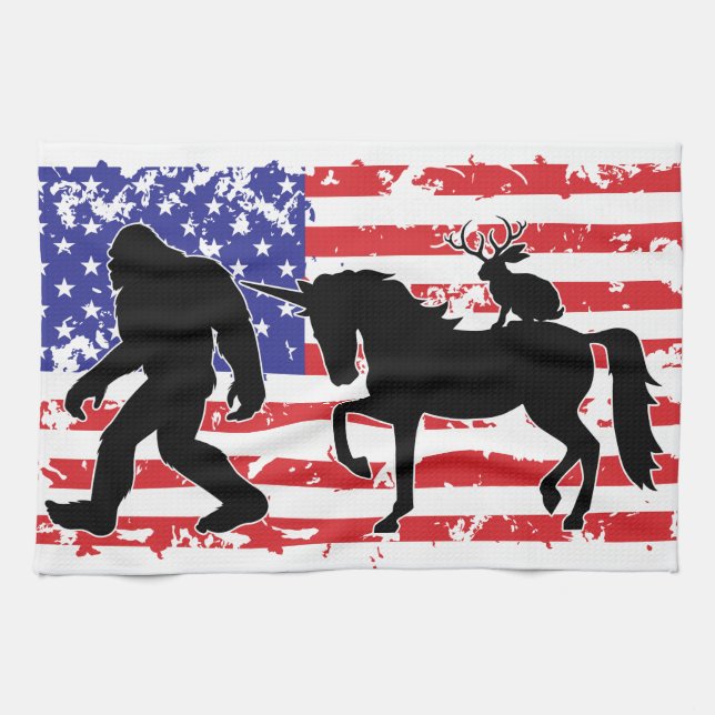 Unicorn, Jackalope, Bigfoot and the American Flag Kitchen Towel (Horizontal)