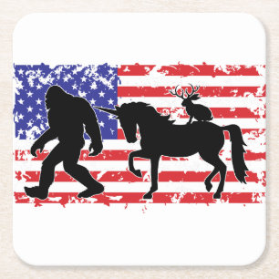 Unicorn, Jackalope, Bigfoot and the American Flag Square Paper Coaster