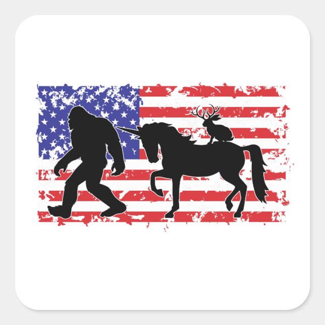 Unicorn, Jackalope, Bigfoot and the American Flag Square Sticker (Front)