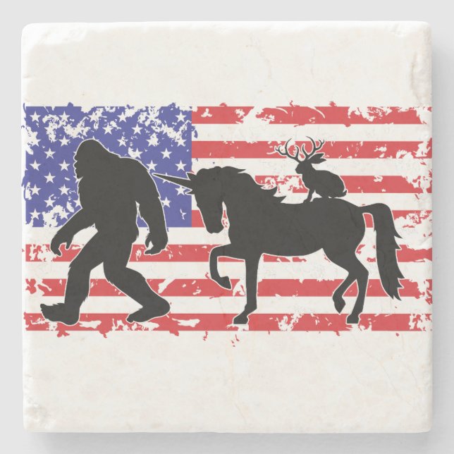 Unicorn, Jackalope, Bigfoot and the American Flag Stone Coaster (Front)