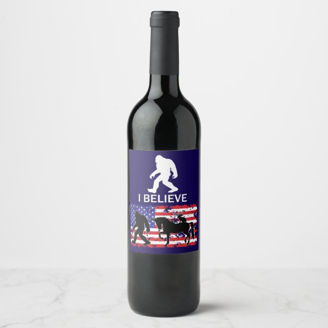 Unicorn, Jackalope, Bigfoot and the American Flag Wine Label (Front)