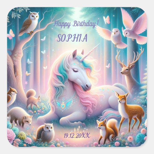  Unicorn,  Kids, Birthday Custom Name/ DOB/Photo Square Sticker (Front)